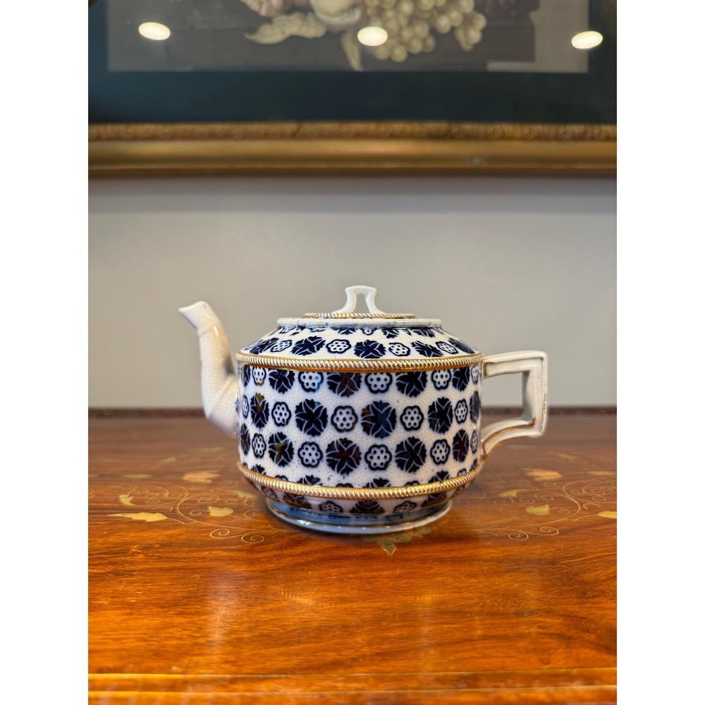 Antique Flow Blue Teapot • English Ironstone Tea Pot with Gold Trim